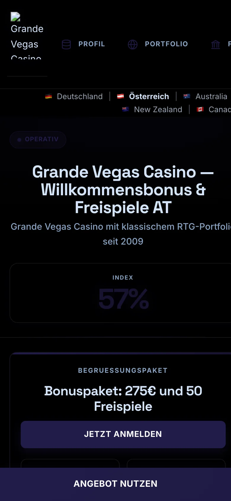Grande Vegas Casino mobile lobby screenshot