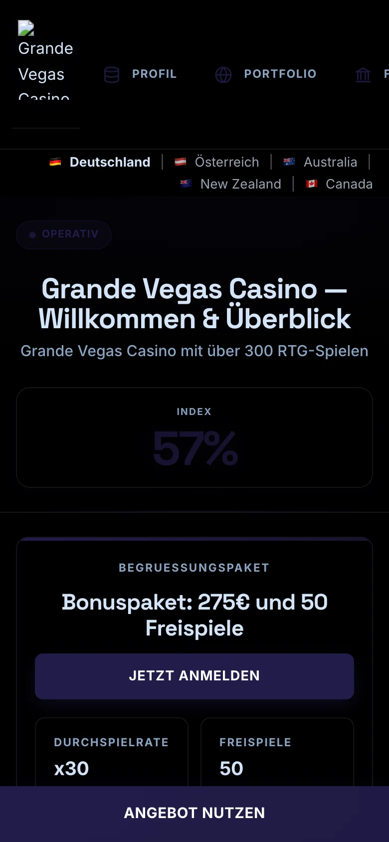 Grande Vegas Casino mobile lobby screenshot